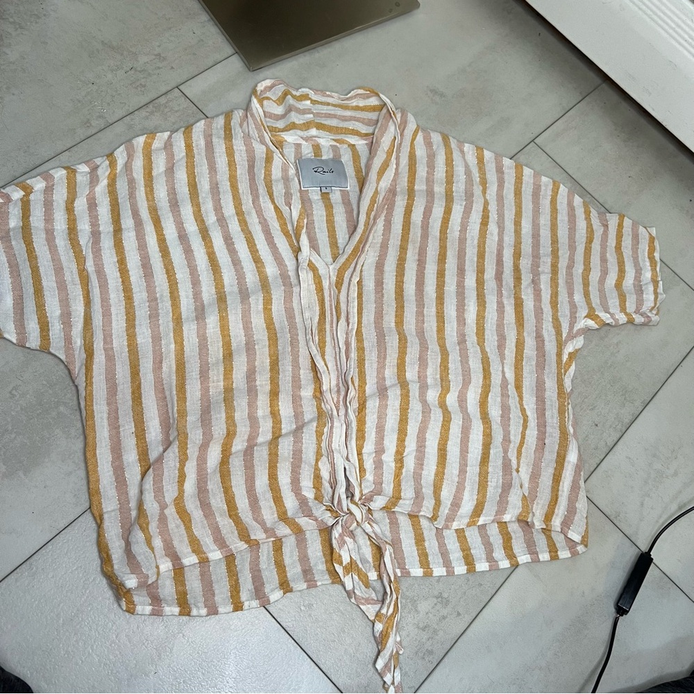 Rails Cream and Tan Striped Tie-Front linen‎ Blouse v-neck size S - Picture 9 of 11